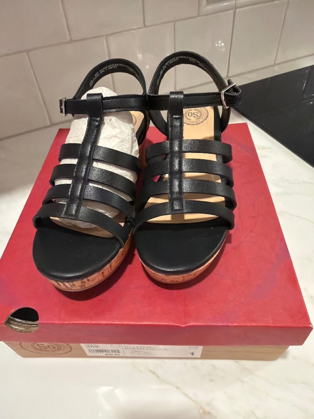SO Girls black wedge sandal size 1 new in box